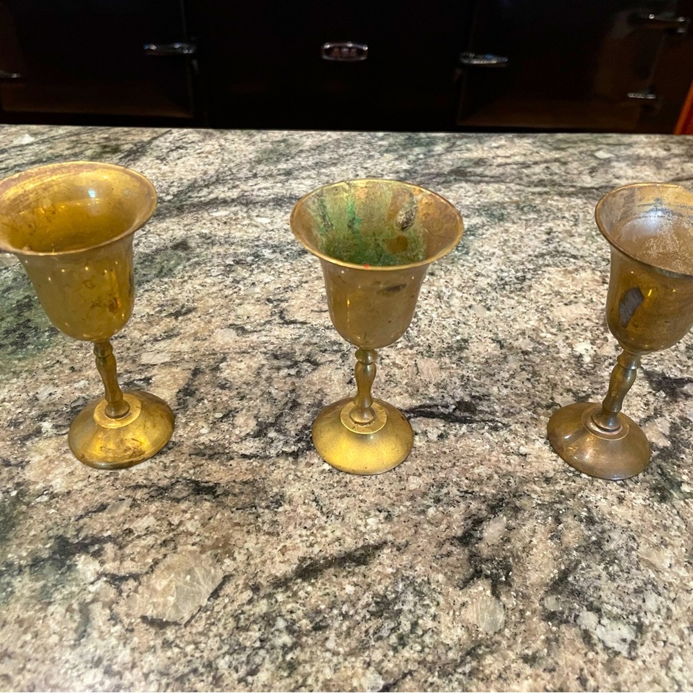 Vintage Set 3 Brass Wine Goblets India